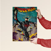 Miles Morales Spider-Man poster by Dripster featuring dynamic cityscape background